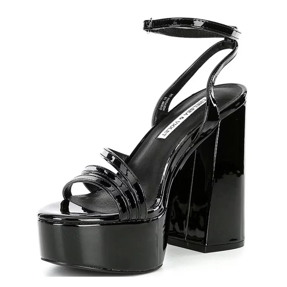 NEW Chelsea & Violet Debbie Patent Ankle Strap Platform Dress Sandals in Black
